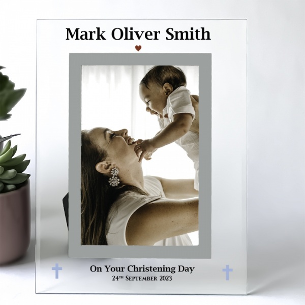 Personalised Christening Photo Frame Pink Or Blue Design On Clear Glass  Frame 6x4'' or 7x5''